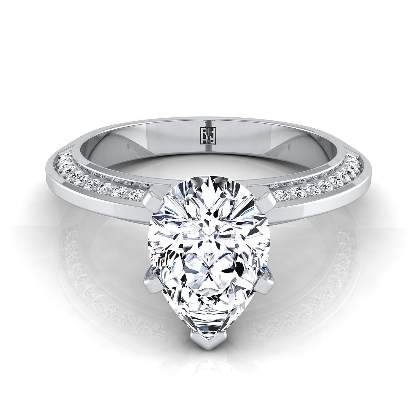 Platinum Pear Shape Center Diamond Knife Edge Micropave Engagement Ring -1/5ctw