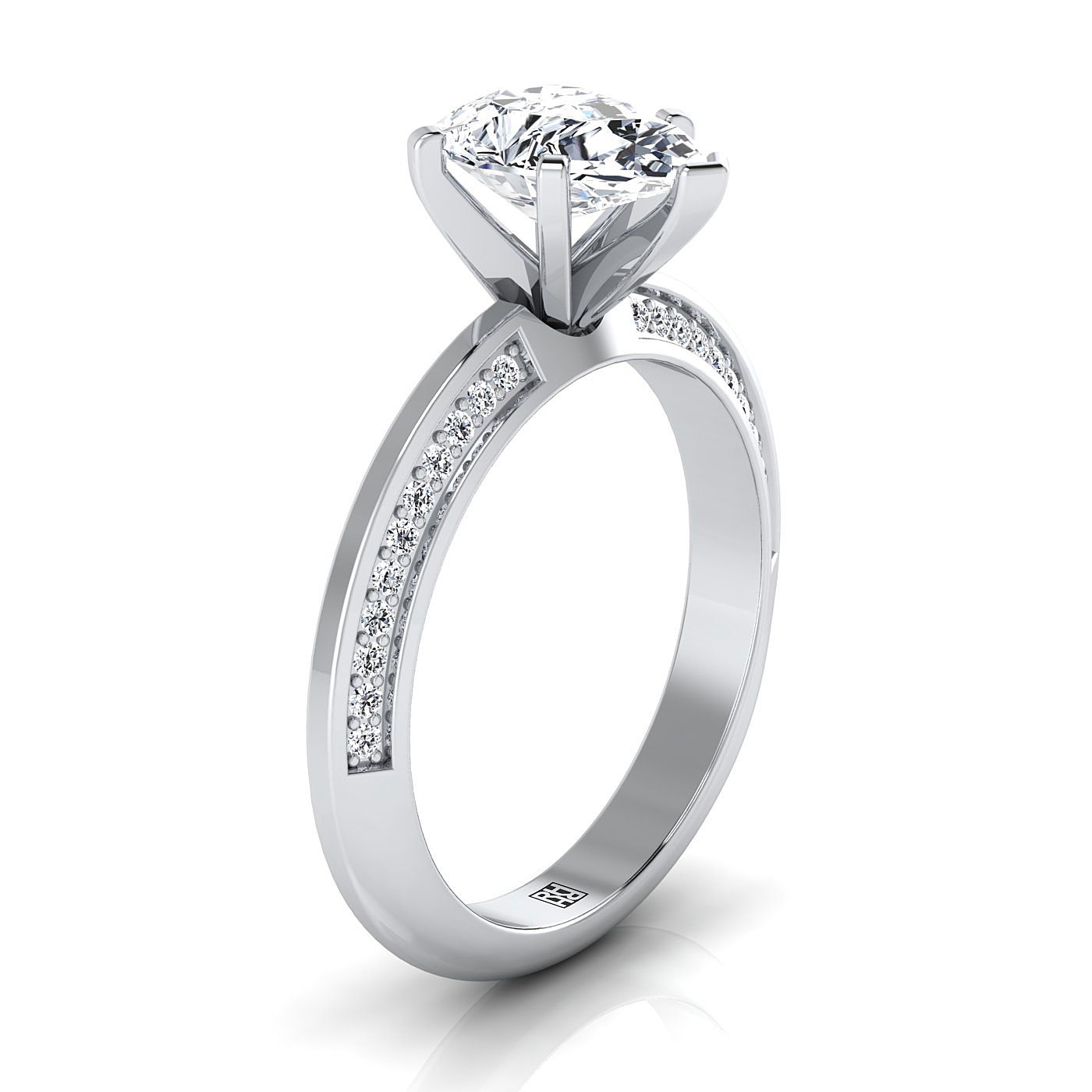 14K White Gold Pear Shape Center Diamond Knife Edge Micropave Engagement Ring -1/5ctw