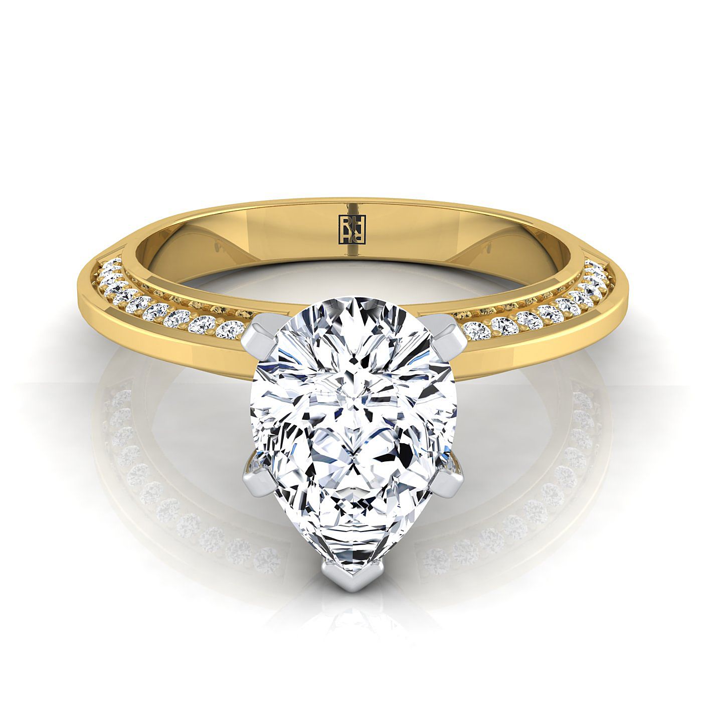 14K Yellow Gold Pear Shape Center Diamond Knife Edge Micropave Engagement Ring -1/5ctw
