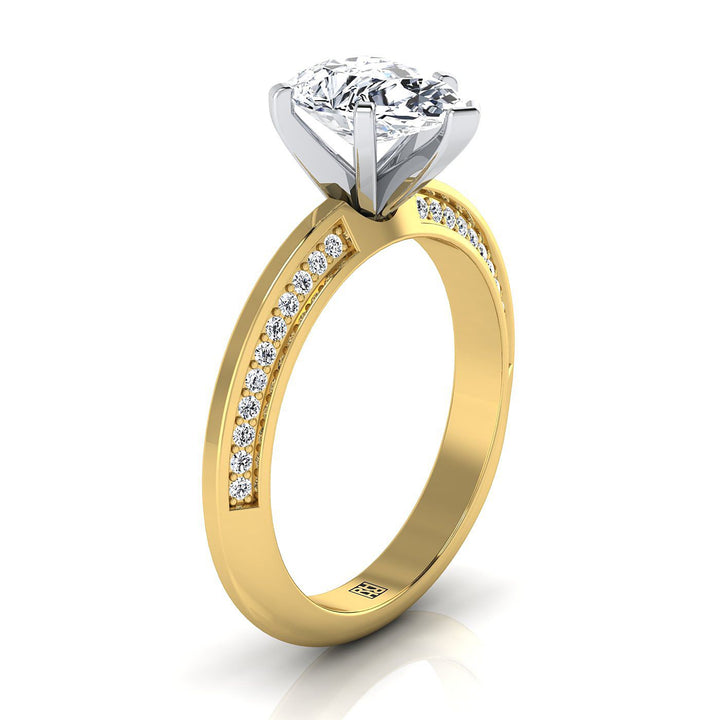 14K Yellow Gold Pear Shape Center Diamond Knife Edge Micropave Engagement Ring -1/5ctw