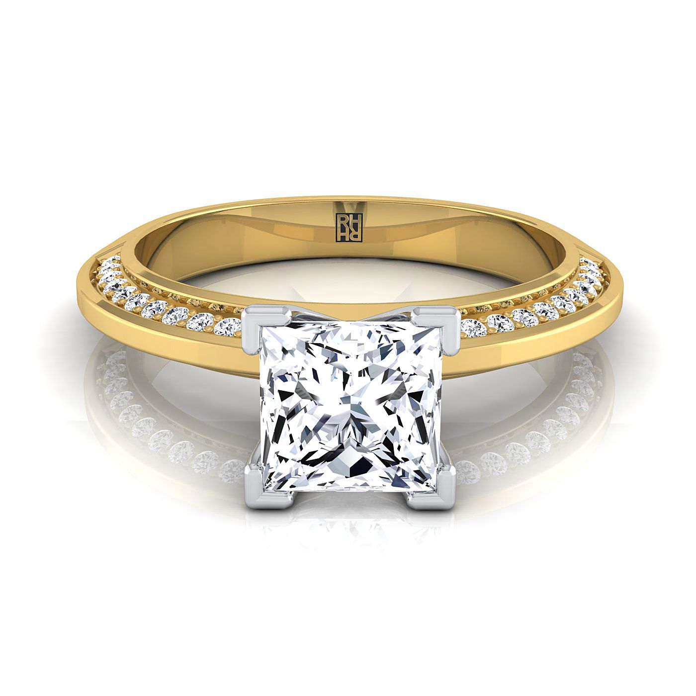 14K Yellow Gold Princess Cut Diamond Knife Edge Micropave Engagement Ring -1/5ctw
