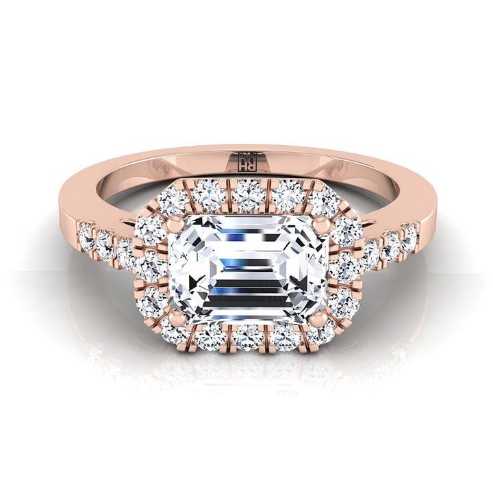 European Cut, East West Horizontal Halo Emerald, in 14K Rose Gold – view 8 | RockHer