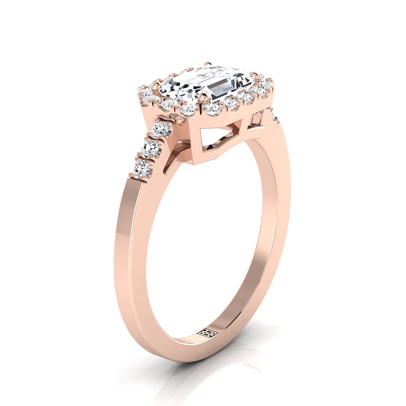 European Cut, East West Horizontal Halo Emerald, in 14K Rose Gold – view 9 | RockHer