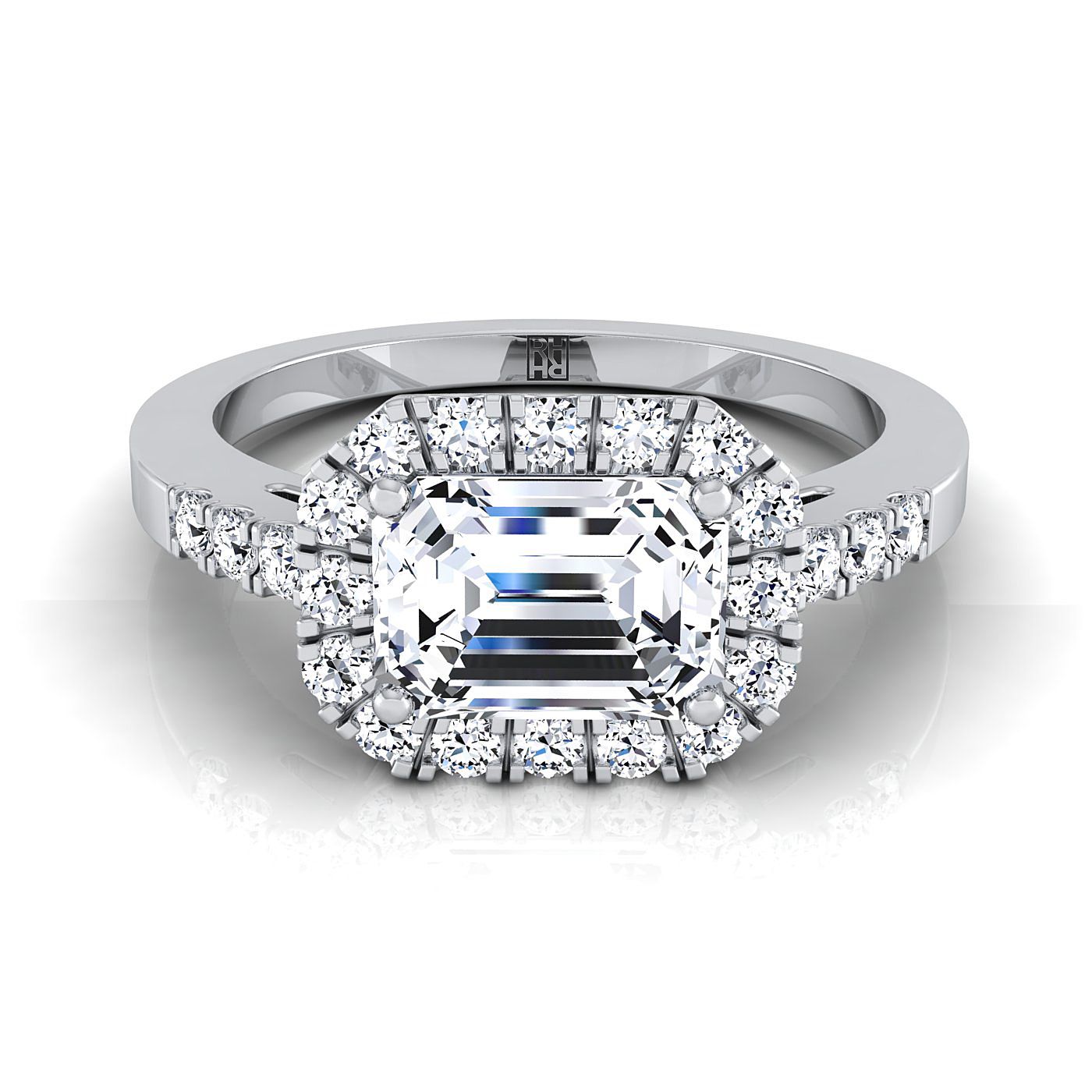 European Cut, East West Horizontal Halo Emerald, in 18K White Gold | RockHer