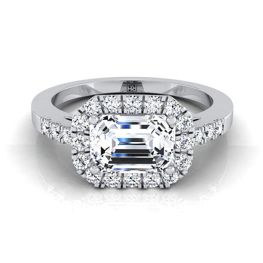 European Cut, East West Horizontal Halo Emerald, in 18K White Gold | RockHer