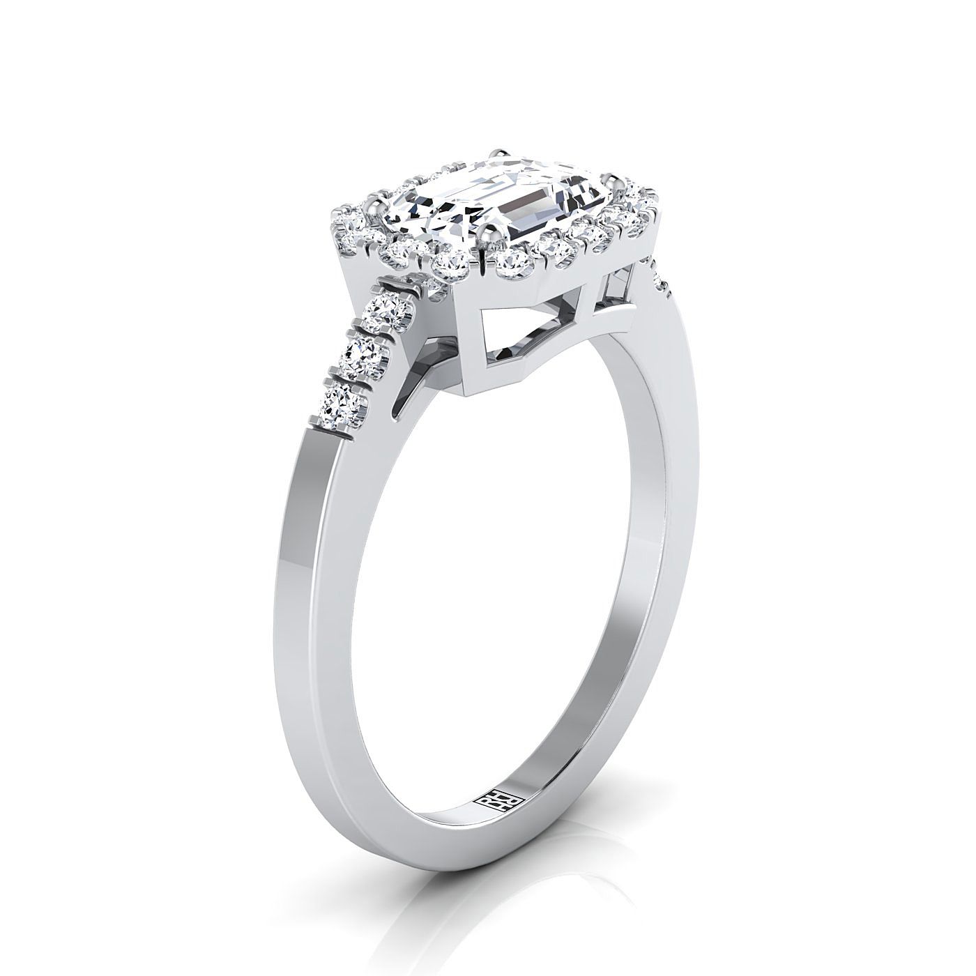 European Cut, East West Horizontal Halo Emerald, in 18K White Gold – side profile | RockHer