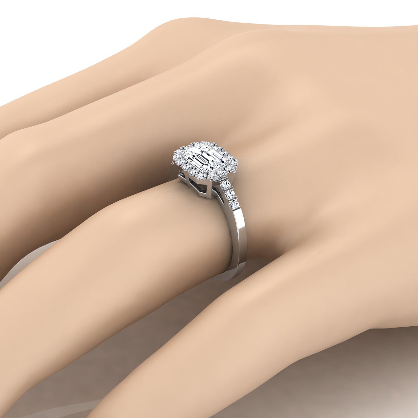 European Cut, East West Horizontal Halo Emerald, in 18K White Gold – detail view | RockHer