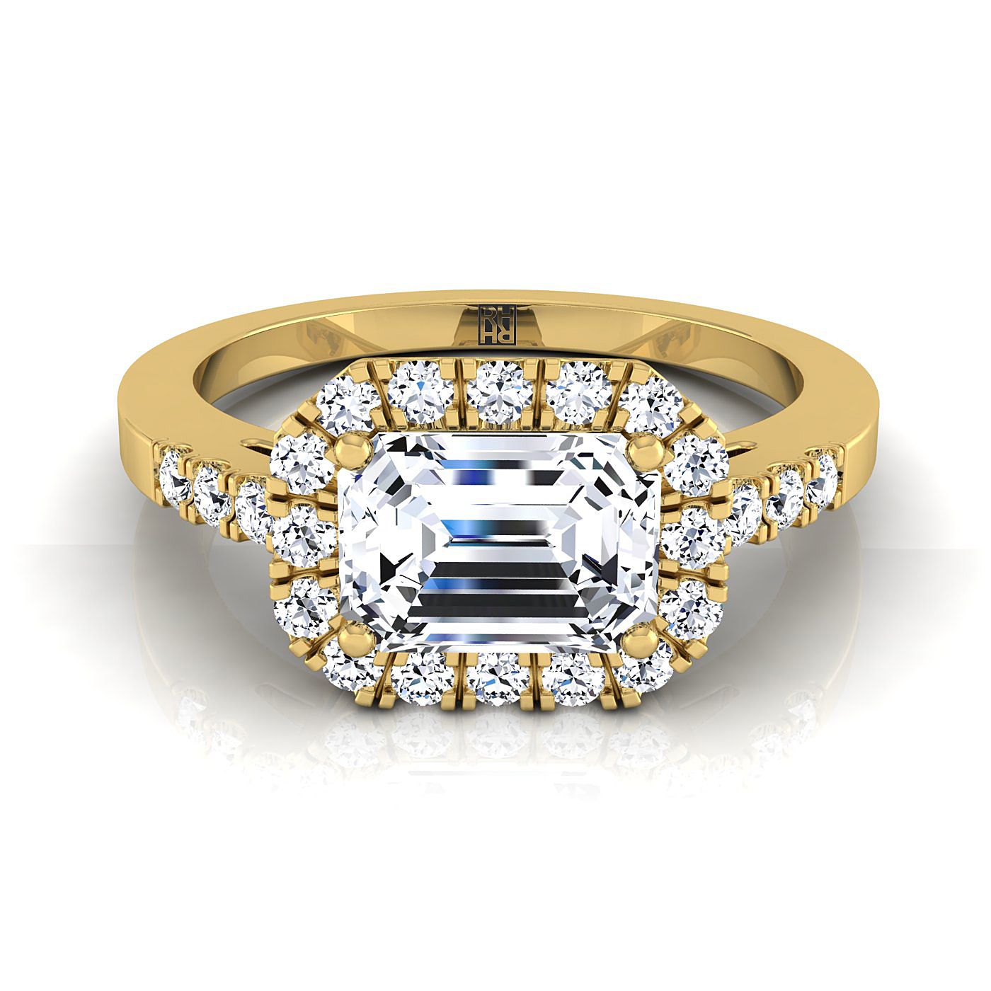 European Cut, East West Horizontal Halo Emerald, in 18K Yellow Gold | RockHer
