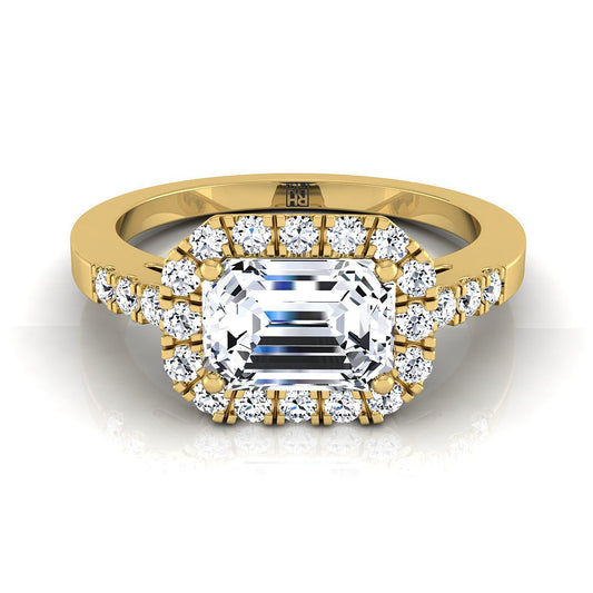 European Cut, East West Horizontal Halo Emerald, in 18K Yellow Gold | RockHer