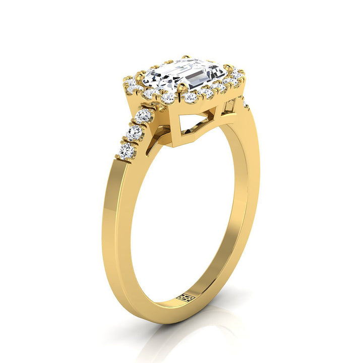 European Cut, East West Horizontal Halo Emerald, in 18K Yellow Gold – side profile | RockHer