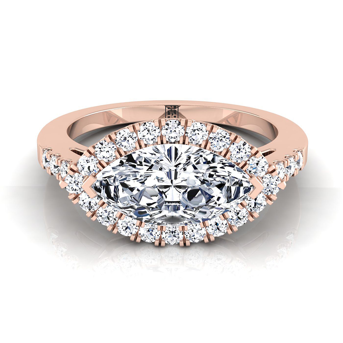 East West Horizontal Halo Marquise, in 14K Rose Gold, pave setting | RockHer