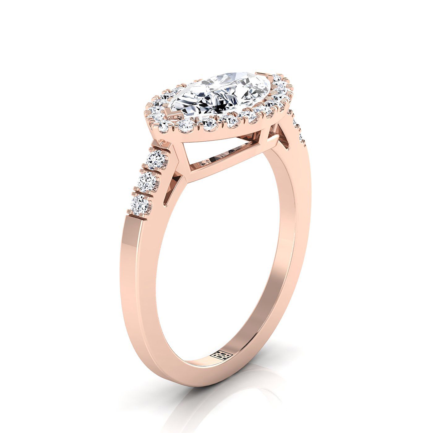 East West Horizontal Halo Marquise, in 14K Rose Gold, pave setting – side profile | RockHer