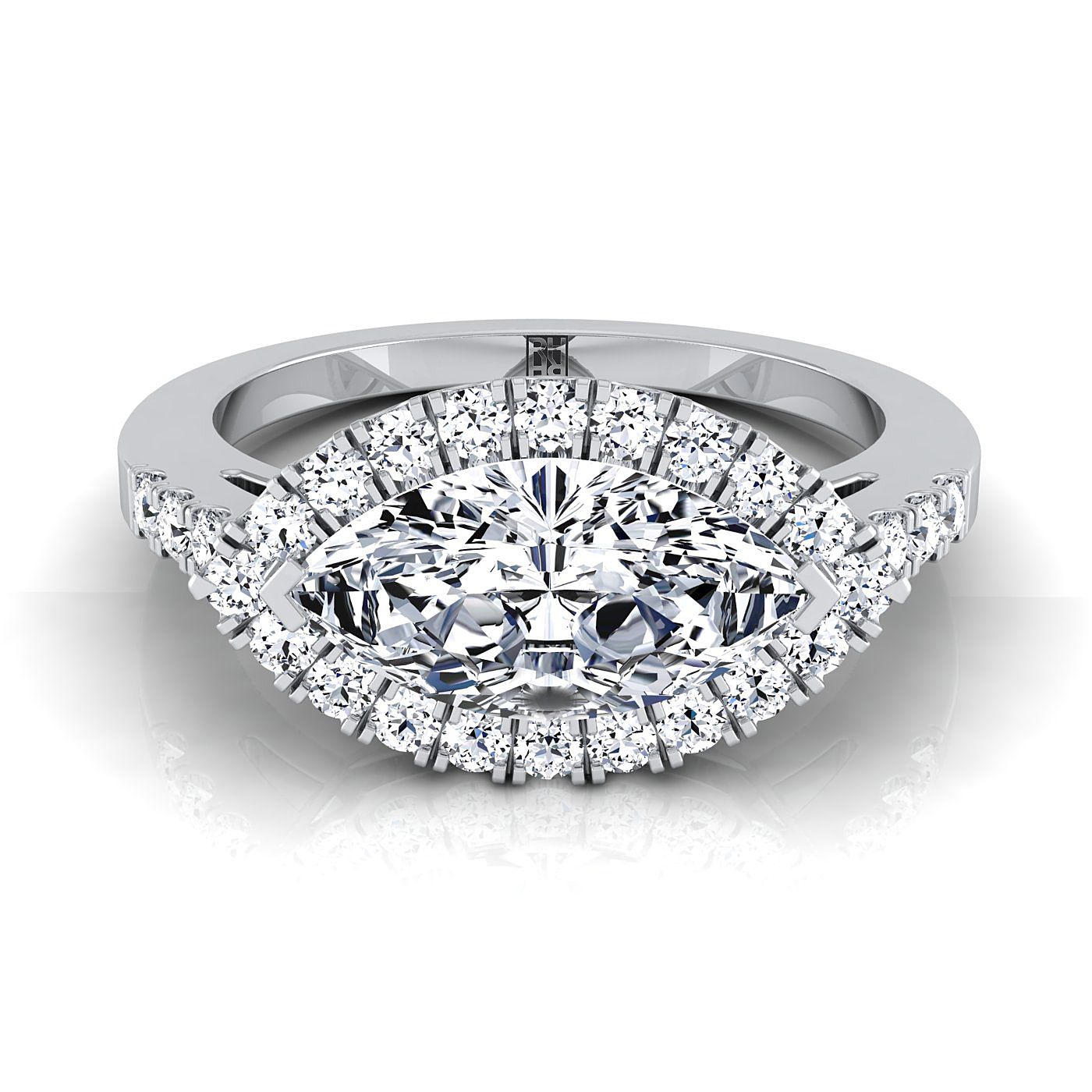 East West Horizontal Halo Marquise, in 18K White Gold | RockHer