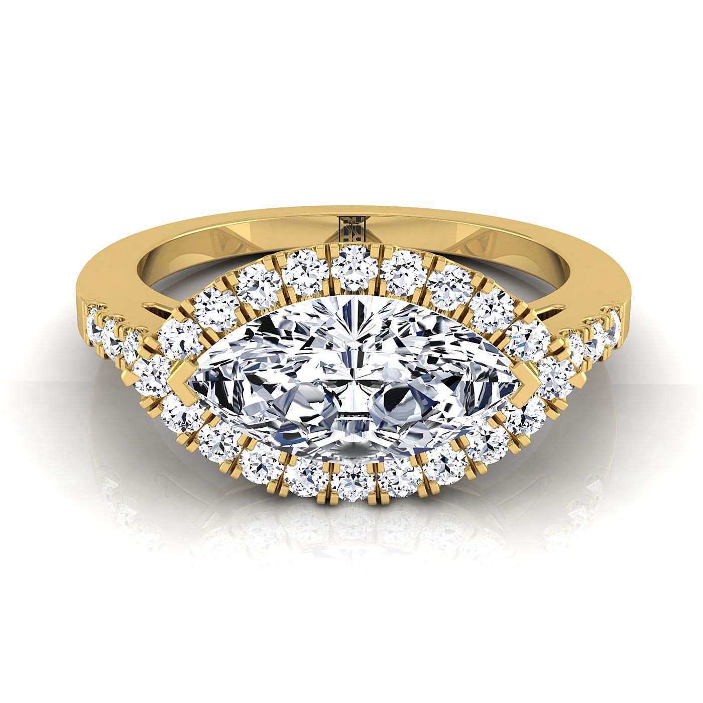 East West Horizontal Halo Marquise, in 18K Yellow Gold | RockHer