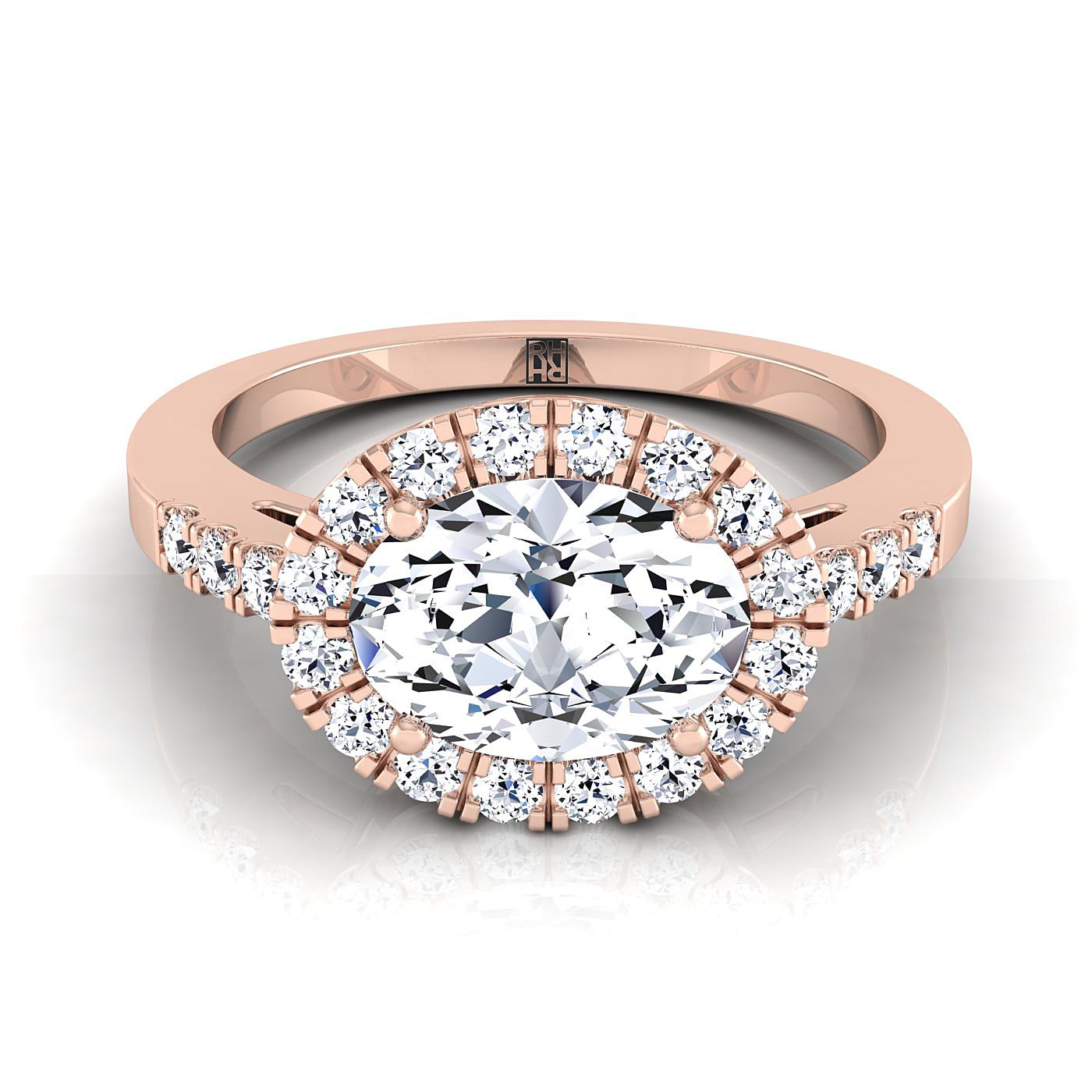 East West Horizontal Halo Oval, in 14K Rose Gold, pave setting | RockHer