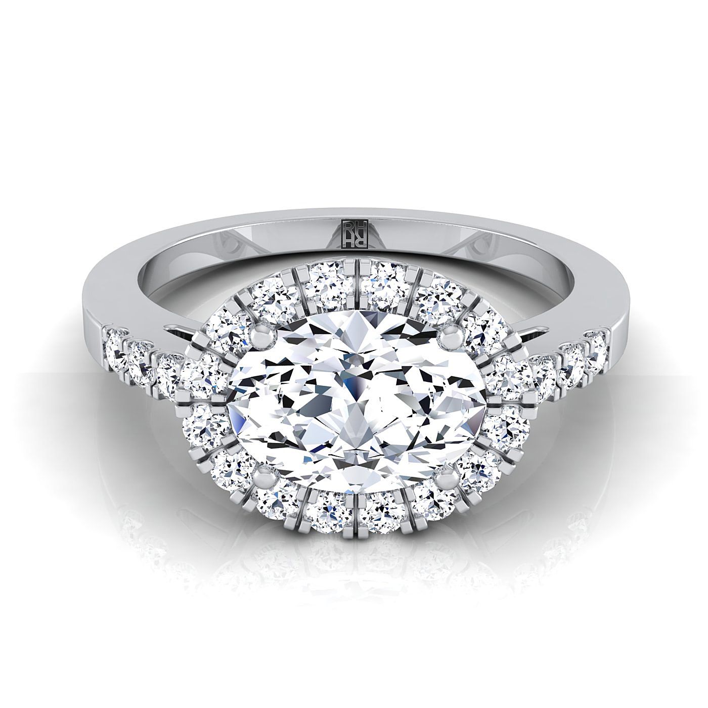 East West Horizontal Halo Oval, in 18K White Gold | RockHer