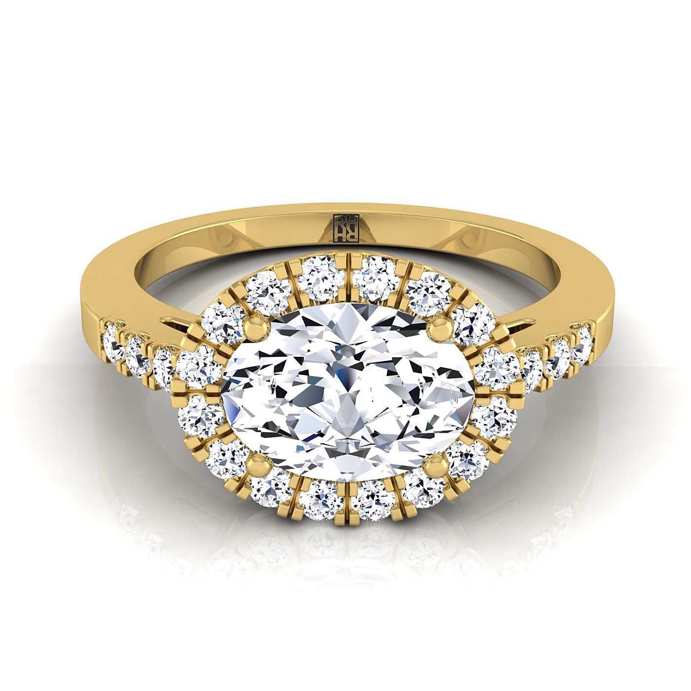 East West Horizontal Halo Oval, in 18K Yellow Gold | RockHer