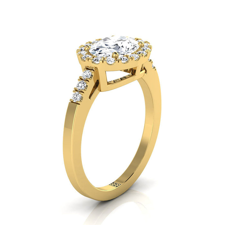 แหวนหมั้นเพชรทรงรีสีเหลืองทอง 18K แบบแนวนอน ดีไซน์แฟนซี อีสต์ เวสต์ ฮาโล - 1/3 กะรัตรวม