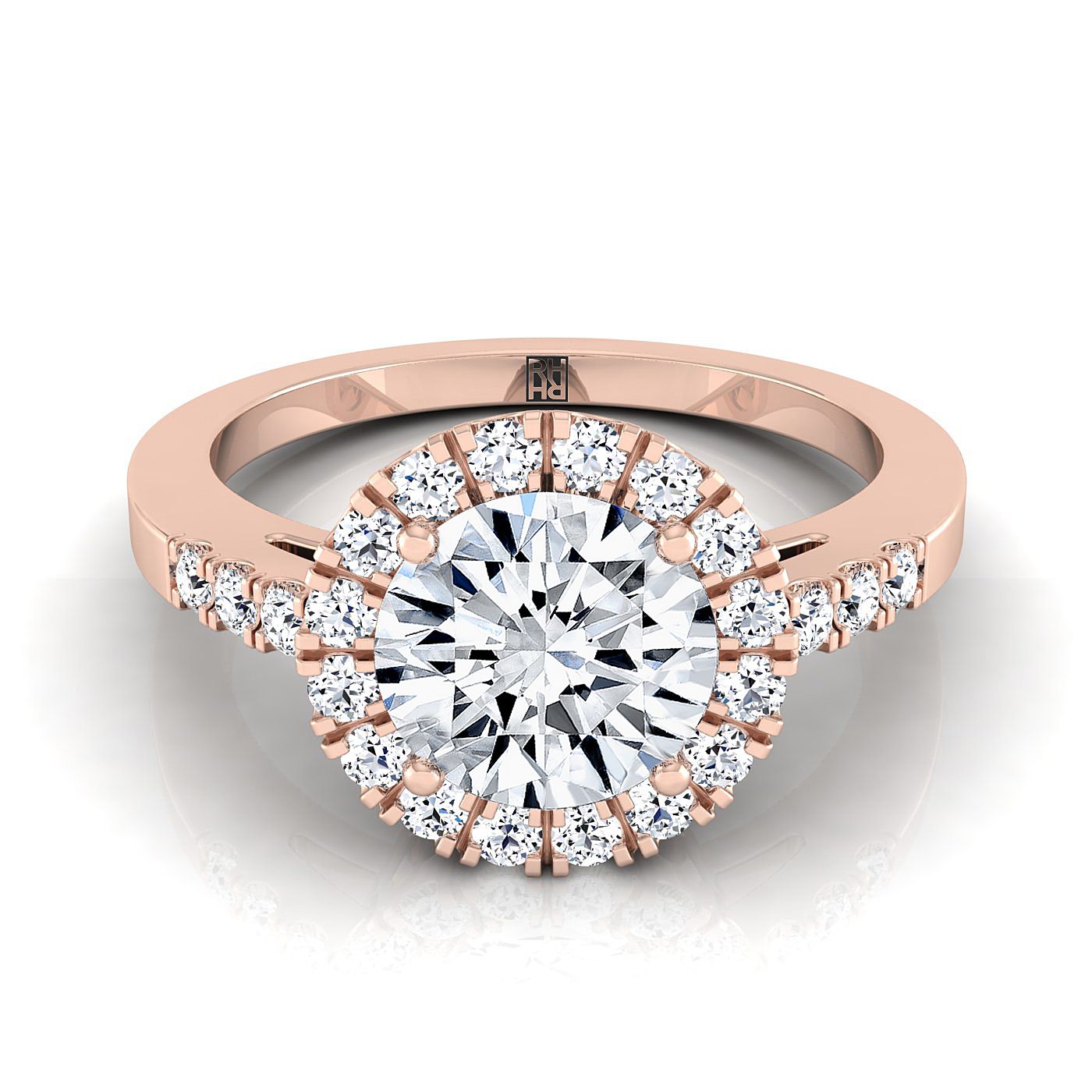 Round Brilliant, East West Horizontal Halo Round, in 14K Rose Gold, pave setting | RockHer