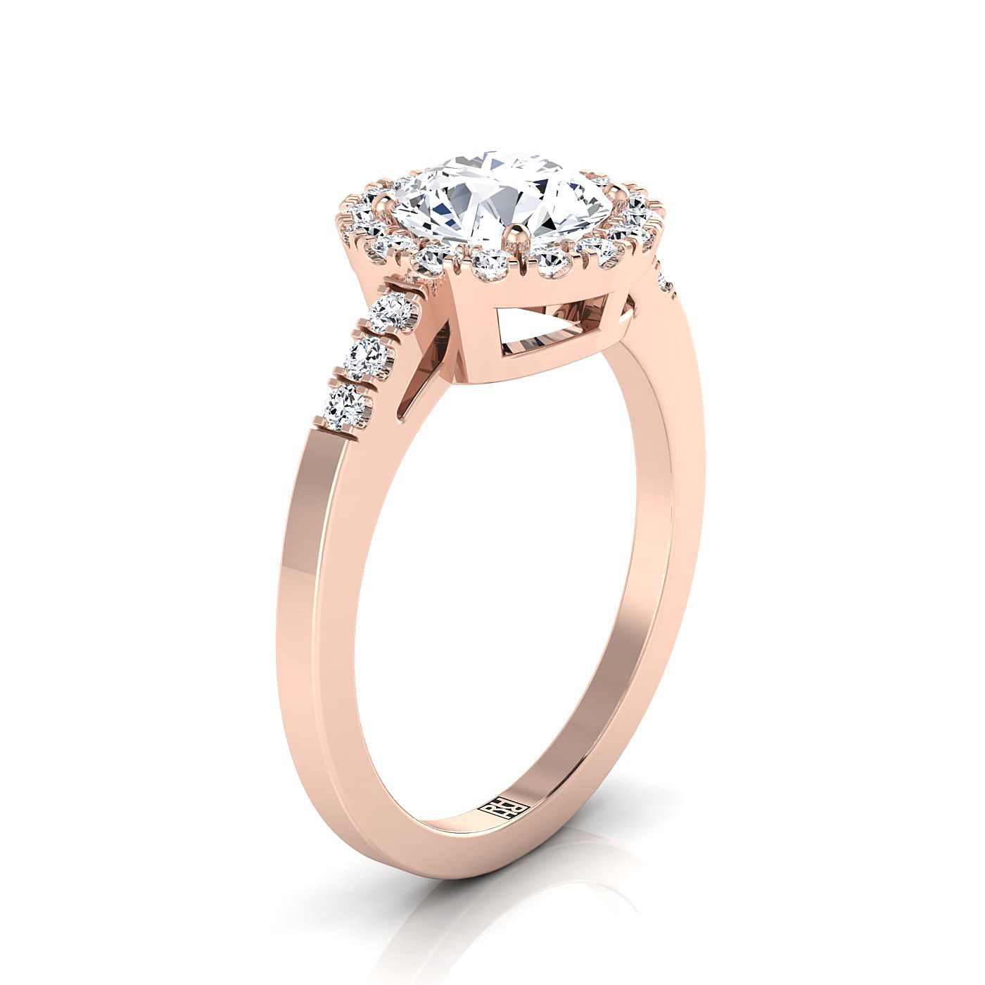 Round Brilliant, East West Horizontal Halo Round, in 14K Rose Gold, pave setting – side profile | RockHer