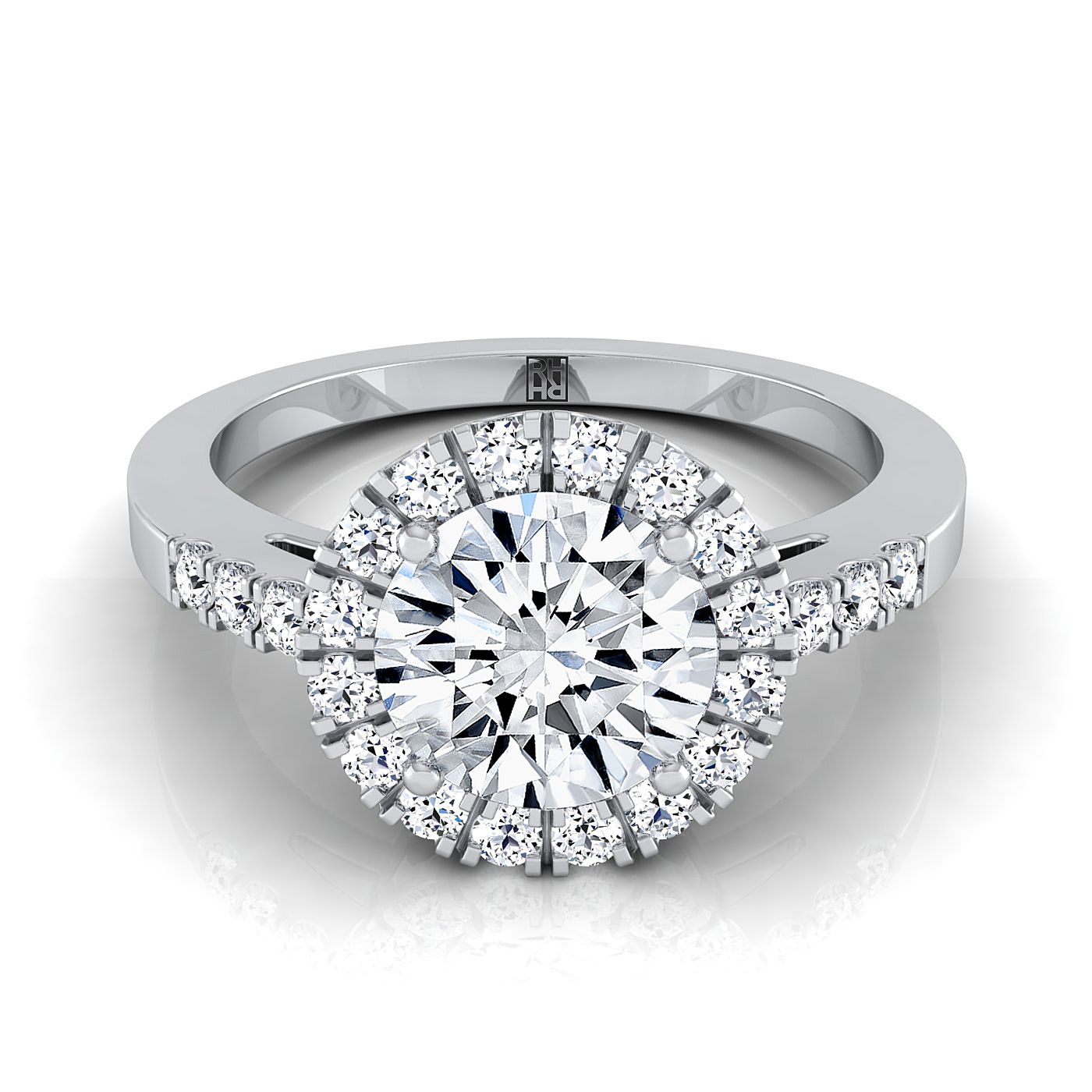 Round Brilliant, East West Horizontal Halo Round, in 18K White Gold | RockHer