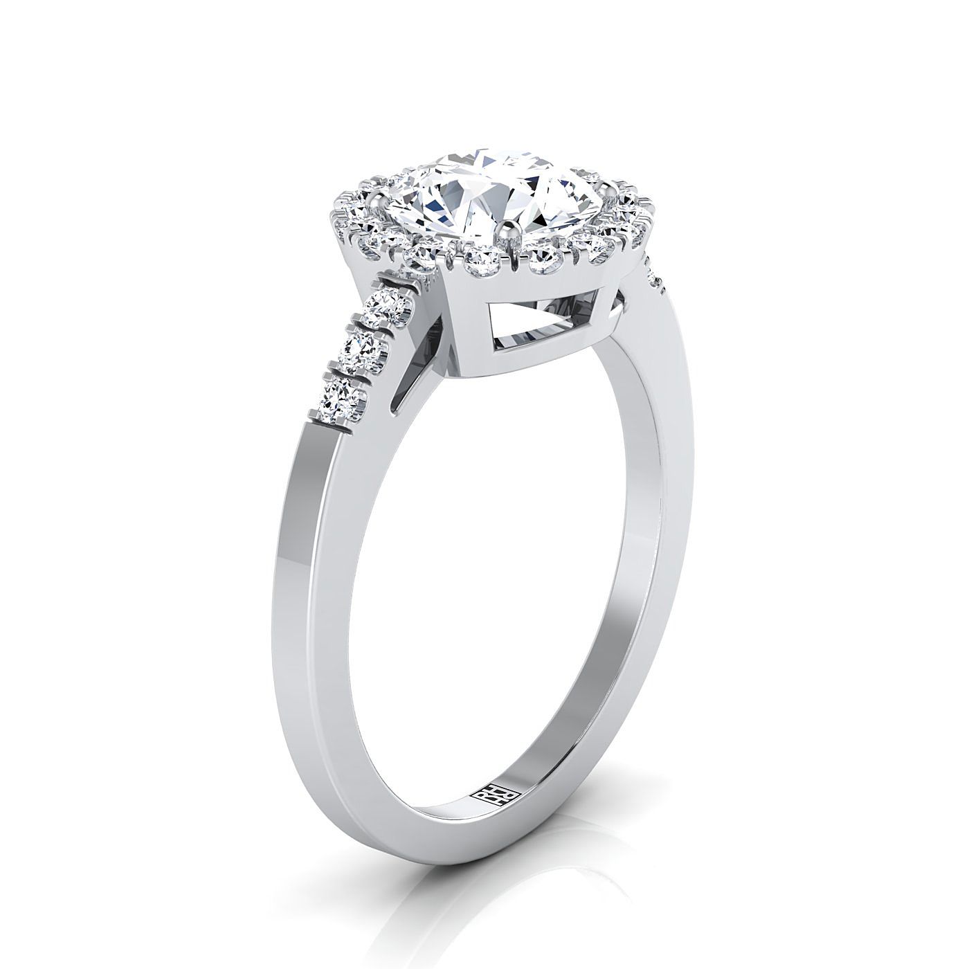 Round Brilliant, East West Horizontal Halo Round, in 18K White Gold – side profile | RockHer