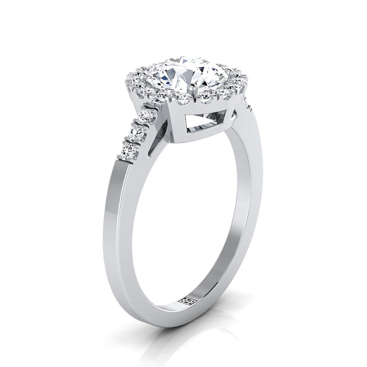 Round Brilliant, East West Horizontal Halo Round, in 18K White Gold – side profile | RockHer