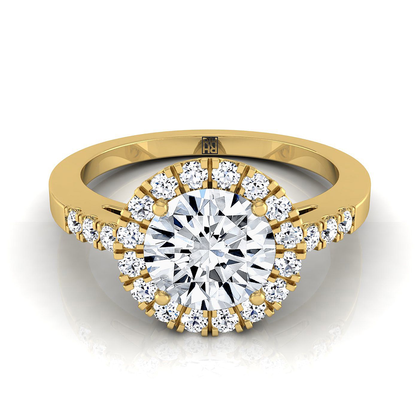 Round Brilliant, East West Horizontal Halo Round, in 18K Yellow Gold | RockHer