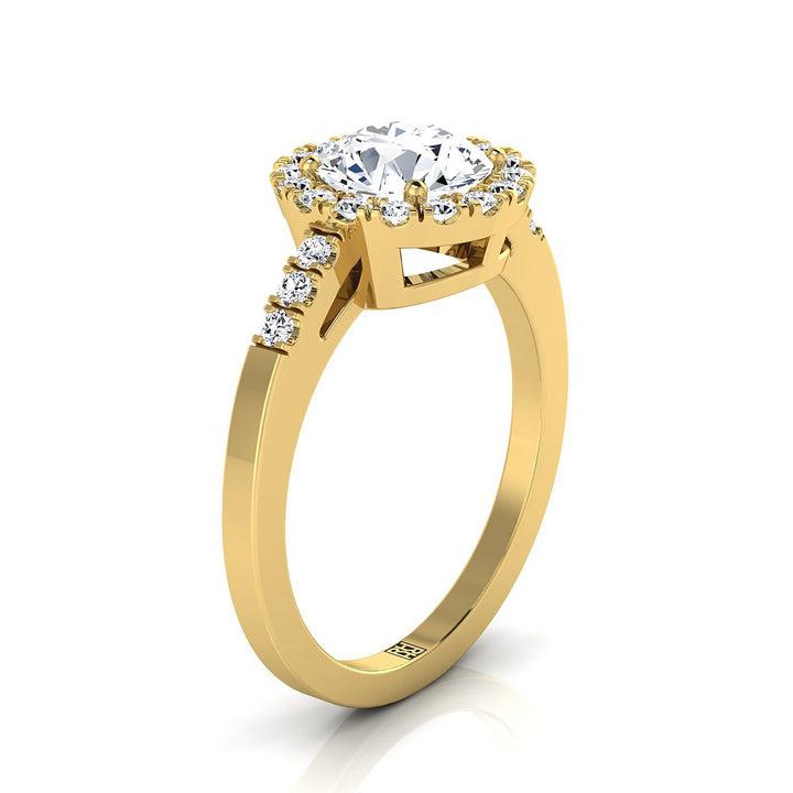 Round Brilliant, East West Horizontal Halo Round, in 18K Yellow Gold – side profile | RockHer