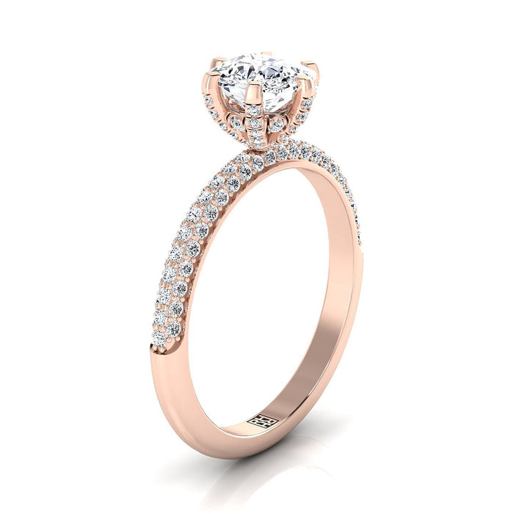 Three Row French Pavé Cushion, in 14K Rose Gold, prong setting – side profile | RockHer