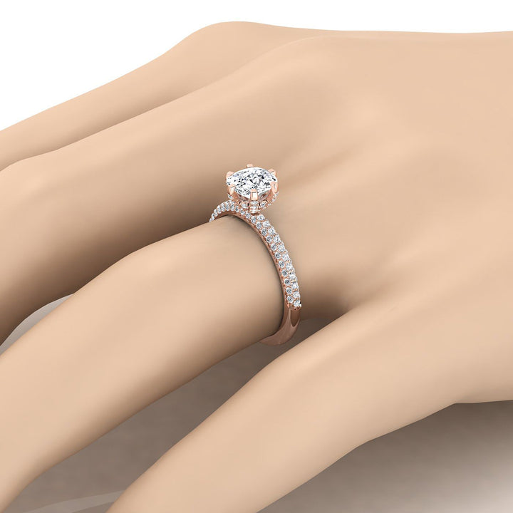 แหวนหมั้นแบบเรียบง่าย เพชรทรงหมอน 14K สีทองกุหลาบ สามแถว ฝรั่งเศส ปาเว่ -1/3ctw