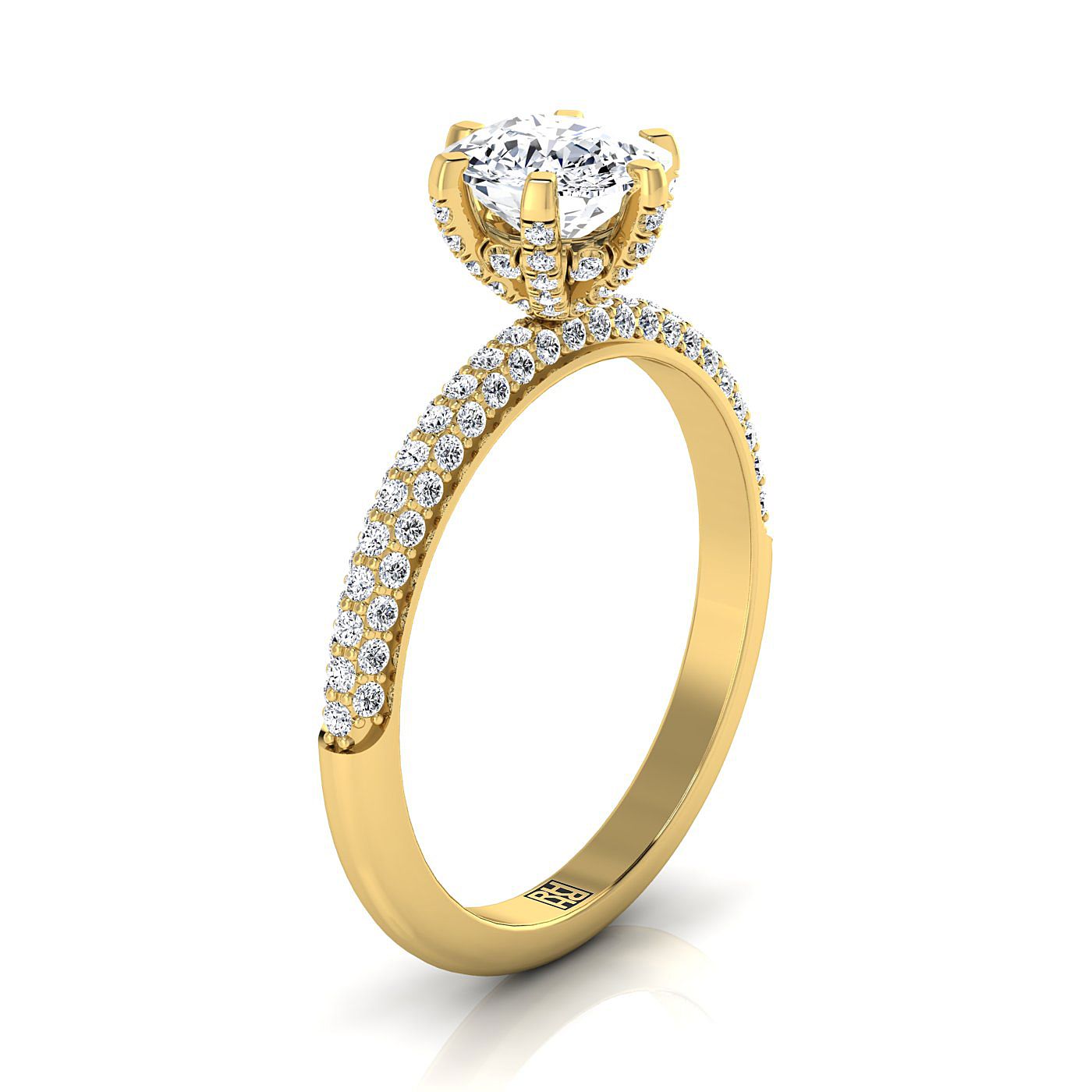 Three Row French Pavé Cushion, in 18K Yellow Gold – side profile | RockHer
