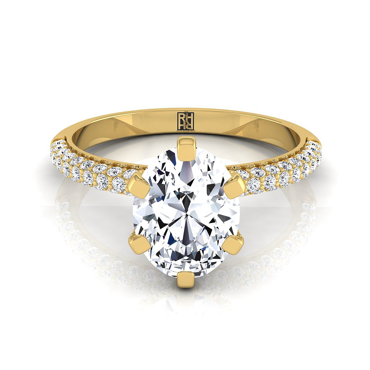 แหวนหมั้นเรียบง่ายฝรั่งเศสประดับเพชรวางเรียงสามแถวรูปไข่ทองคำเหลือง 14K - 1/3ctw