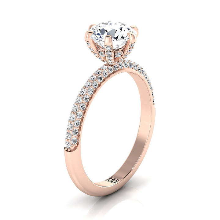Round Brilliant, Three Row French Pavé, in 14K Rose Gold, prong setting – side profile | RockHer