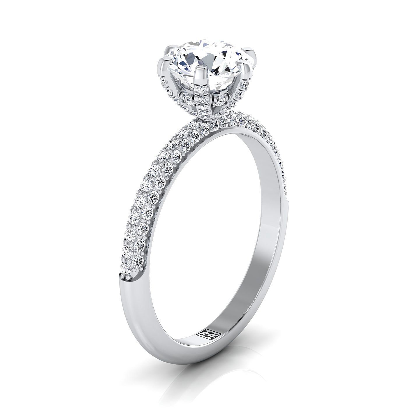 Round Brilliant, Three Row French Pavé, in 18K White Gold – side profile | RockHer