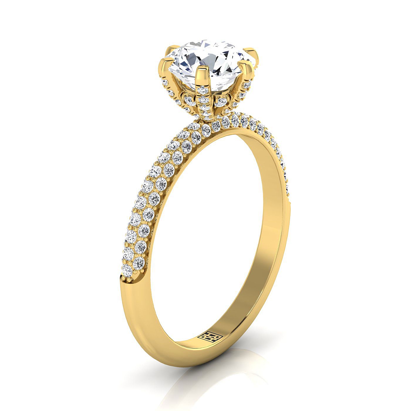 Round Brilliant, Three Row French Pavé, in 18K Yellow Gold – side profile | RockHer