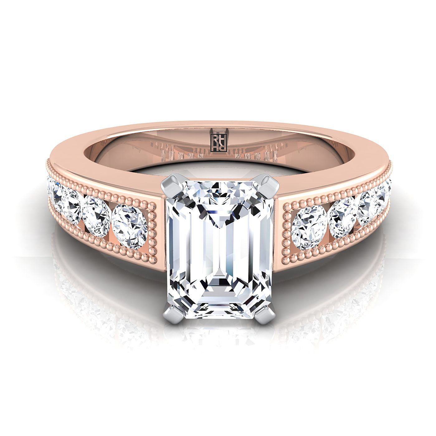 European Cut, Antique Milgrain Channel Solitaire Emerald, in 14K Rose Gold | RockHer