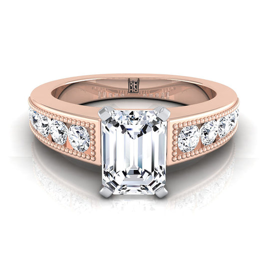 European Cut, Antique Milgrain Channel Solitaire Emerald, in 14K Rose Gold | RockHer