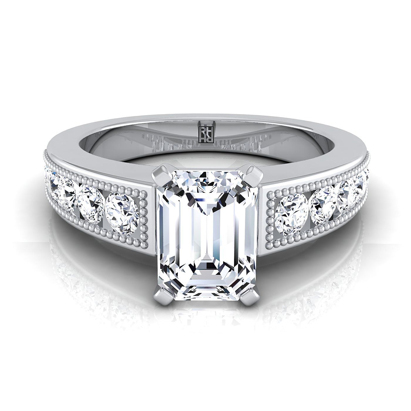 European Cut, Antique Milgrain Channel Solitaire Emerald, in 18K White Gold | RockHer