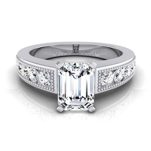 European Cut, Antique Milgrain Channel Solitaire Emerald, in 18K White Gold | RockHer