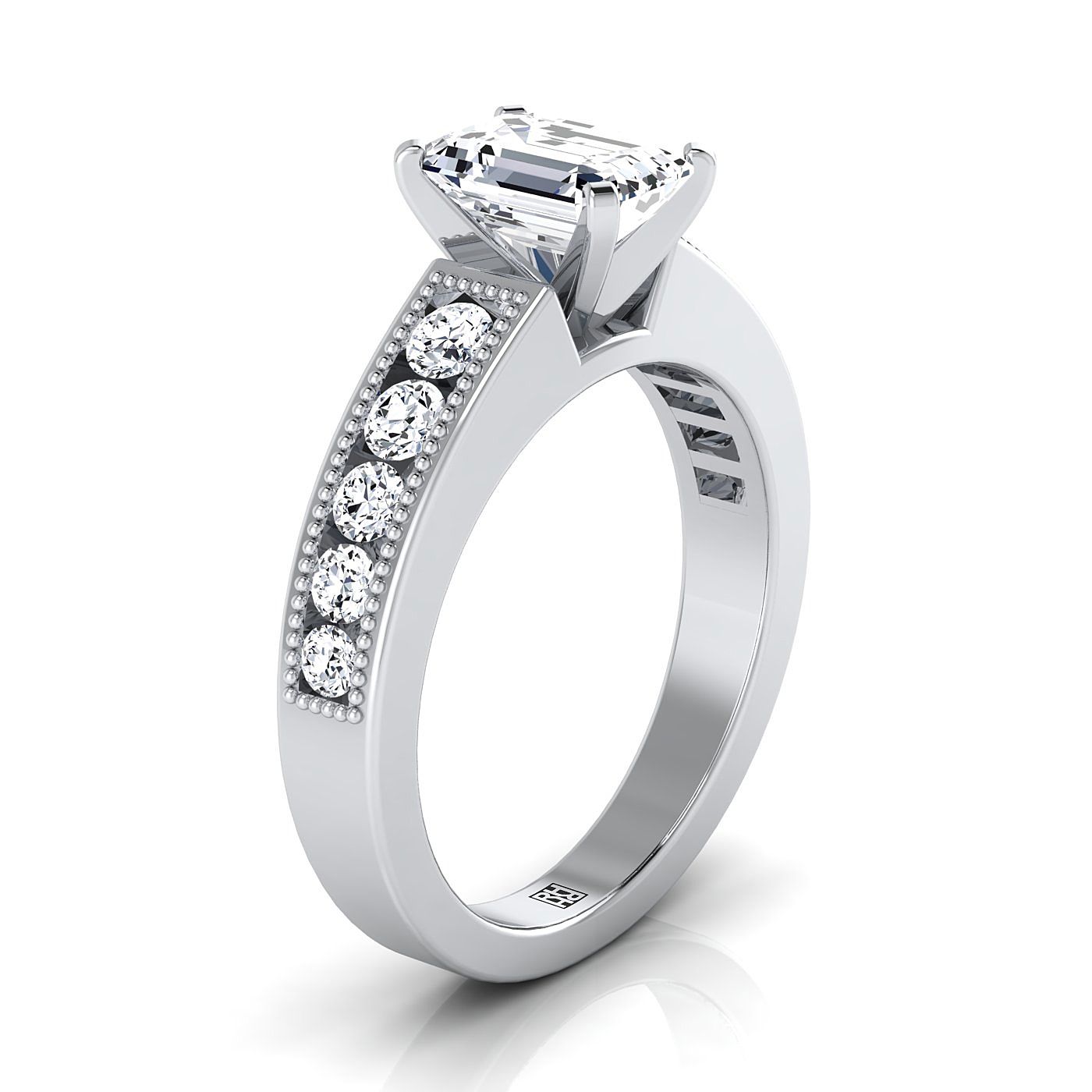 European Cut, Antique Milgrain Channel Solitaire Emerald, in 18K White Gold – side profile | RockHer