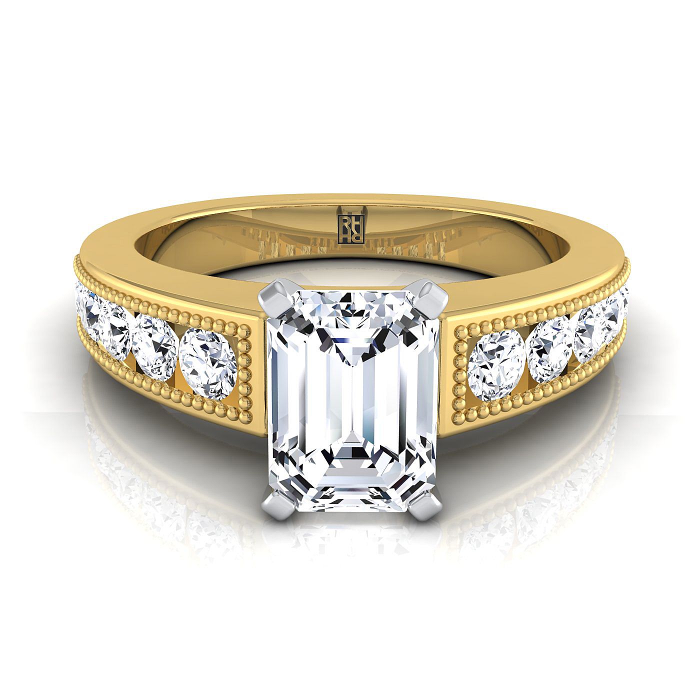 European Cut, Antique Milgrain Channel Solitaire Emerald, in 18K Yellow Gold | RockHer