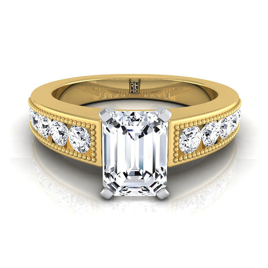 European Cut, Antique Milgrain Channel Solitaire Emerald, in 18K Yellow Gold | RockHer