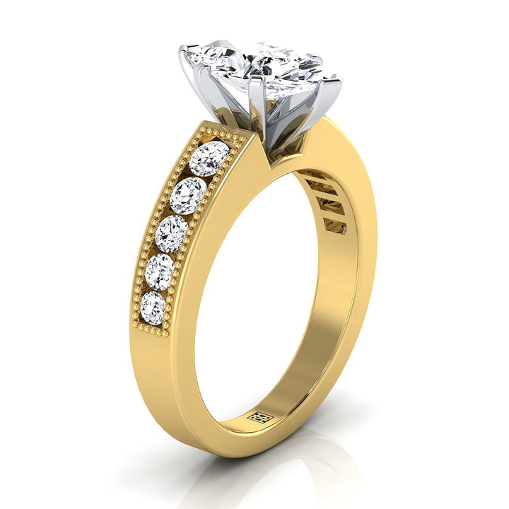 แหวนหมั้นทองคำเหลือง 18K รูปมาร์คีส์ ประดับเพชรแบบโบราณ มิลเกรน บีด และช่องเซ็ต - 1/2ctw