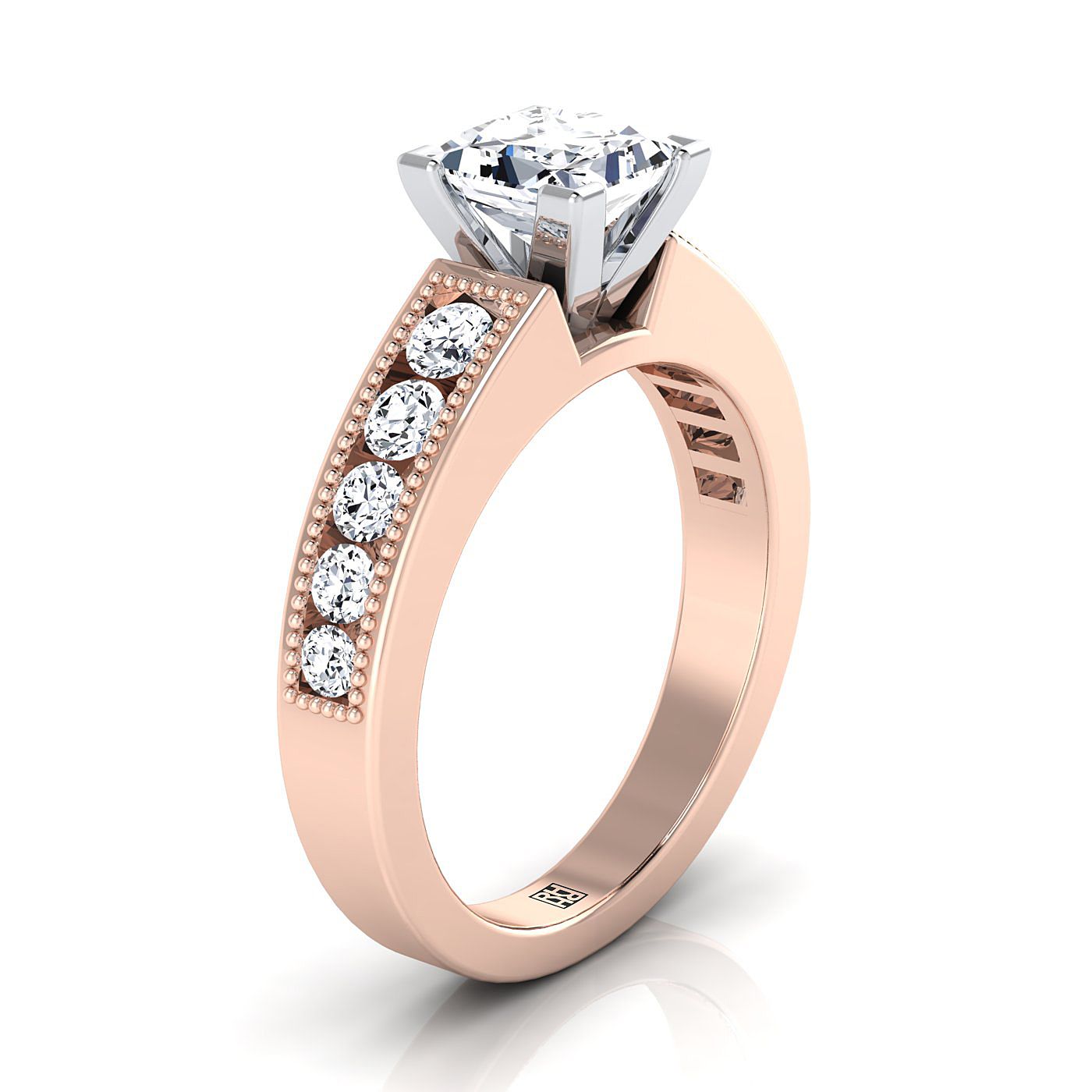 Antique Milgrain Channel Solitaire Princess, in 14K Rose Gold – side profile | RockHer