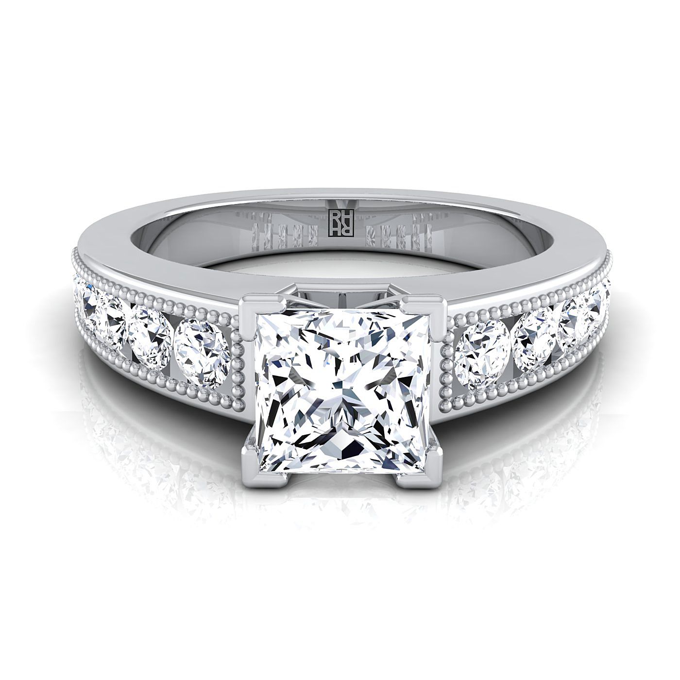 14K White Gold Princess Cut Diamond Antique Milgrain Bead and Channel Set Engagement Ring -1/2ctw