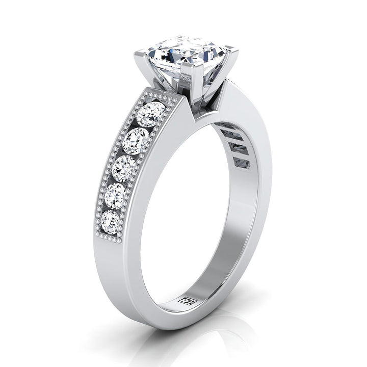 14K White Gold Princess Cut Diamond Antique Milgrain Bead and Channel Set Engagement Ring -1/2ctw