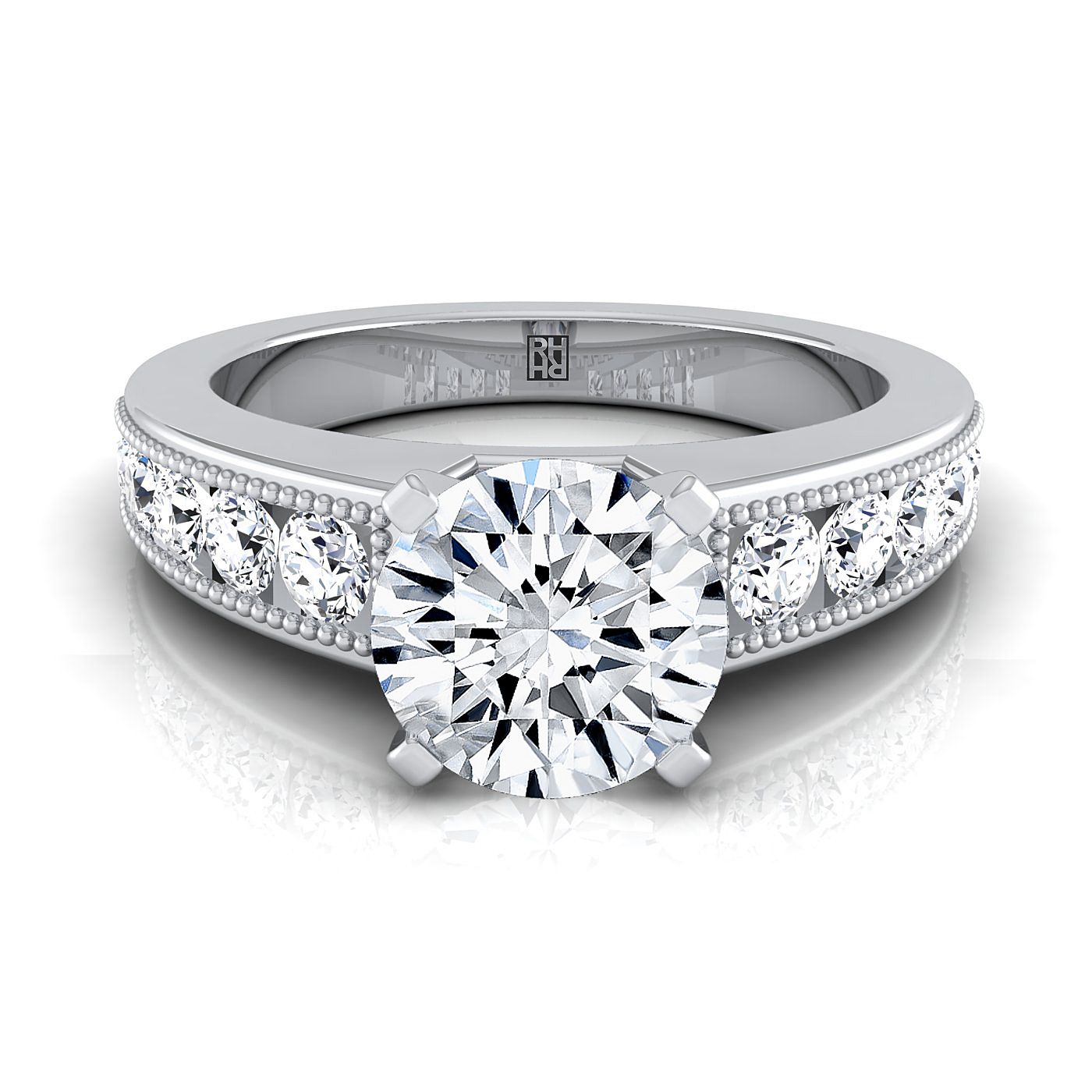 Round Brilliant, Antique Milgrain Channel Solitaire, in 18K White Gold | RockHer