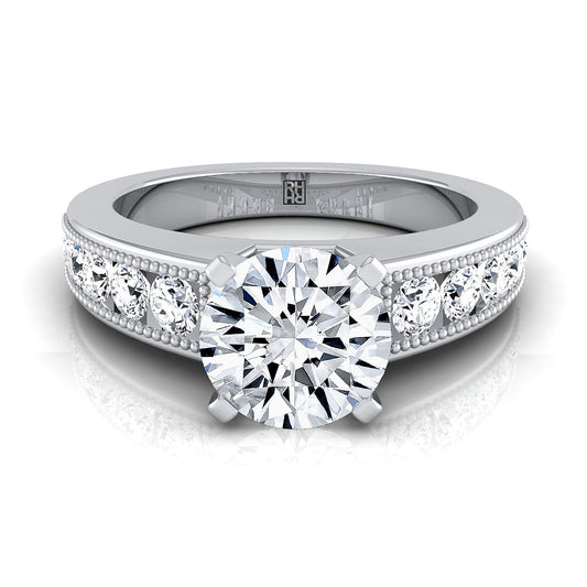 Round Brilliant, Antique Milgrain Channel Solitaire, in 18K White Gold | RockHer