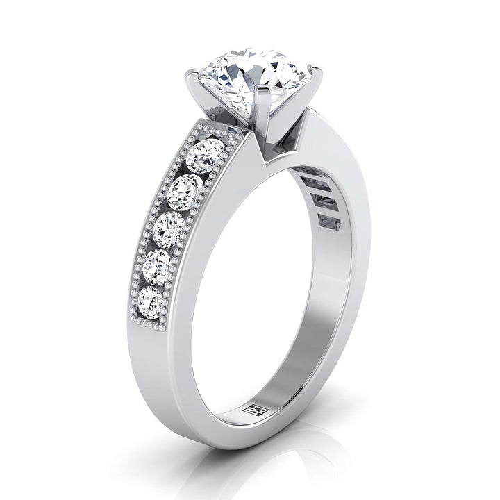 Round Brilliant, Antique Milgrain Channel Solitaire, in 18K White Gold – side profile | RockHer